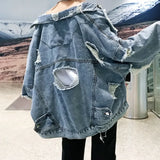 Nukty Fashion Blue Ripped Denim Jacket Y2K Distressed Streetwear Hip Hop Broken Hole Jeans Biker Jackets Men's Spring Jackets