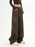 Nukty Tan Leopard Jeans Women Denim Pants Female Oversize Wide Leg Trousers Streetwear Hip Hop Vintage Clothes Loose Casual