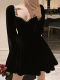 Nukty French Velvet Party Dress for Women Elegant Long Sleeve A-Line Vestidos Robe Female One Piece Mini Birthday Evening Dresses New
