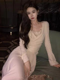 Nukty Korean Elegant Knitted Women's 3 Pieces Set V-Neck Long Sleeves Pullover Top + Spaghetti Strap Vest + Loose A-Line Skirt Suits