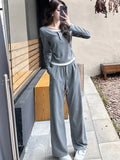 Nukty Y2K High Street Two Piece Set Tracksuit Women Long Sleeve Top Drawstring Wide Leg Pants Korean Fashion Solid Slim Casual Outfits