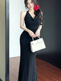 Nukty Sexy Black Lace Hollowed Halter Dresses Women Off Shoulder Backless Slim Mermaid Long Dress High Fashion Party Outfits Vestidos