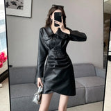 Women High Waisted Black Pu Leather Irrgular Dress , Woman Slim Above Knee Length Pleated Dresses