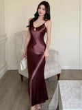 Nukty Summer Spring Satin Womens Dresses Sexy Spaghetti Strap V-neck Evening Party Long Dress Slim Waist Vestidos Robe Female Clothes
