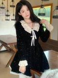Nukty Elegant Lace Patchwork Velvet Dress Women French Style V-Neck Long Sleeve Slim A-Line Party Robe Vintage Evening Prom Vestidos