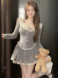 Nukty Y2K Sweet Knitted Skirt Suits Long Sleeves Lace Patchwork Bow Lace-up Princess Tops + Pleat Mini Skirt Womens Two Pieces Set New
