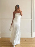 Nukty Women Solid Pleated  Hem Patchwork Long Dress Fashion Backless Strapless Sleeveless Slim Maxi Dresses Sexy Vocation Streetwear
