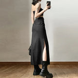 Nukty Women Midi Skirts Goth Dark Grunge Casual Tag Split Mall Gothic Punk High Raise Slim Long Skirt Y2k Sexy Fashion Streetwear