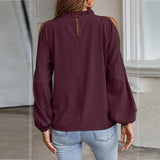 Nukty Autumn and Winter New Women's Clean Color Lotus Leaf Round Neck Long Sleeve Pleated Off Shoulder Fashion Women's Top