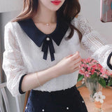 Nukty Women's Spring Autumn Style Lace Blouses Shirt Women Peter Pan Collar Solid Color Half Sleeve Elegant Lace Tops SP8676