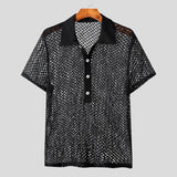 Nukty Summer Men's Clothing Knit Hollw Out Shirts Lapel Short Sleeve Mesh Sexy Button-down Solid Color Streetwear Party Knitwear S-3XL