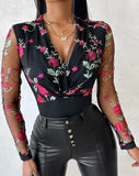 Female T-Shirts Pullover Tops Sexy Blouses Floral Embroidery Sheer Mesh Long Sleeve Top Autumn Spring New Fashion Casual