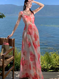 Nukty Women Sweet Pink Floral Elegant Sleeveless Ruffled Edges Slip Dresses Summer Romantic Bohemian Sexy Birthday Evening Party Dress