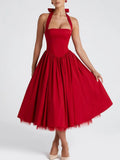 Nukty Elegant Solid High Waist Pleated A-line Dress Women Sexy Backless Sleeveless Slim Halter Dresses New Street Party Vestidos