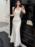 Nukty Elegant Satin Solid Women's Dresses Sexy Halter V-neck  Female Clothing Formal Occasion New Sleeveless Evening Party Long Dress