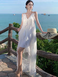 Nukty Summer Irregular Fairy White Womens Dresses Elegant Spaghetti Strap V-Neck Birthday Party Dress Holiday Beach Vestidos Robe New