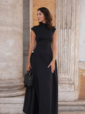 Nukty Elegant Oblique Collar Pleated A-line Dress For Women Fashion Brown Sleeveless Slim Long Dresses New Evening Party Gowns