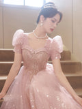 Nukty DRESS TO IMPRESS Pink Sequin Evening Dress Elegant Appliques Floor-Length Pearl Beading Prom Party Gown Princess Bubble Sleeve Vestido De Festa