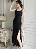 Nukty Elegant Solid Satin Womens Dresses French Spaghetti Strap Swinging Collar Bodycon Evening Party Dress Korean Split Vestidos Robe