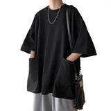 Nukty Japanese street fashion Men Solid Color Top Men's Summer Streetwear T-shirt with Pockets Loose Fit Solid Color Top Plus Size Half Sleeves for Outdoor