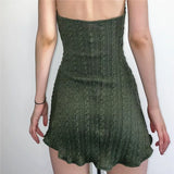 Nukty Elegant Y2K Sleeveless Mini Dress Sexy Knit Backless Halter Dresses Autumn Fashion Drawstring Streetwear Slip Dress