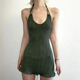 Nukty  American Low Cut Halter Neck Dress Women Summer Sexy Backless Green Mini Dress Y2K Fashion Lace Up Sleeveless A Line Dress
