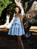 Nukty Sexy Backless Lace-up Sling Dress Women Fashion Layer Ruffles Loose Hem Short Dresses Vocation Beach Party Streetwear