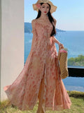 Nukty Sweet Floral Print Womens Dresses French Style Spaghetti Strap Sleeveless Birthday Party Dress Summer Femme Slim Waist Vestidos