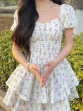 Nukty High Waist Dress Women Summer Floral Sweet Square Collar Puff Sleeve Princess Girlish Tender Elegant Korean Style Preppy Chic