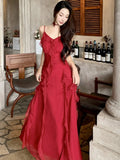Nukty Vintage Red Ruffles Party Dress for Women French Style Elegant Wedding Evening Dresses Summer Female Prom Slim A-Line Vestidos
