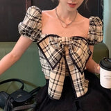 Nukty Summer Plaid Retro New Blouses Women Y2k Cute Bow Design Vintage Crop Tops Female Puff Sleeve Slim Korean Fashion Clothes
