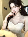 Nukty Korean Sexy Split Medium Women's Dresses Slim Wasit Lace Patchwork Bodycon Dress Birthday Party Prom Gown 2025 New Spring Summer