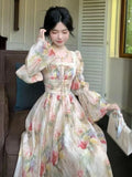 Nukty Autumn Women Painting Printed Long Dress French New Square Collar Lantern Sleeve Midi Dress Casual Lace-up Lady Vestidos Largos