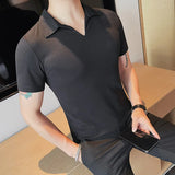 Nukty Summer Men's Clothing Luxury Jacquard Knit V Neck Short Sleeve Polo Shirt Leisure Breathable Fashion High Quality Knitwear S-3XL
