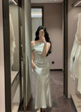 Nukty Elegant French Chic Satin Women's Dresses Solid Pleated Slim Wasit Inclined Shoulder Mermaid Dress 2025 New Summer Evening Party