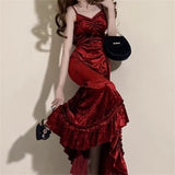 French Vintage Velvet Long Dress Women Elegant Slim Spaghetti Strap Folds Dress Sexy Casual Evening Party Y2k Dress