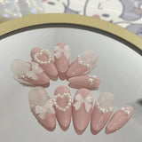 Nukty Handmade Custom Made False Nail Art With Pearls And Nows Wearable Nail Pink Almond Style Section Patch Removable Girl Fake Nail