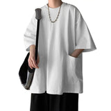Nukty Japanese street fashion Men Solid Color Top Men's Summer Streetwear T-shirt with Pockets Loose Fit Solid Color Top Plus Size Half Sleeves for Outdoor