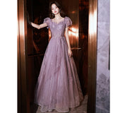 Nukty Purple Tulle Evening Dress Women V-neck Bubble Sleeve Applique Cocktail Dresses Elegant Classic A-line Floor Length Prom Gown