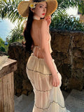 Nukty French Style Casual Loose Skirt Suits Elegant Halter Backless Lace-up Top + Holiday Beach A-line Skirt Womens Two Pieces Set New