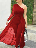 Nukty Women Fashion Casual One Shoulder Plain Sheer Mesh Jumpsuit Elegant Long Sleeve Chic Mesh Solid Patchwork Y2K Streetwear Female