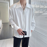 Nukty Fake Two Piece Solid Zipper Chic Shirt Turn-down Collar Handsome Long Sleeve Shirts Man Streetwear Casual Men's Clothing