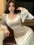 Nukty French Flare Sleeve Velvet Evening Dresses for Women Elegant Slim Waist Party Prom A-Line Vestidos Fashion Female Long Robe New