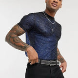 Nukty Men's Short Sleeve Mesh T Shirt Sheer Slim Fit Shiny Sexy See-through Party Nightclub Thin Breathable Clothing Leisure Tees