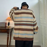 Nukty Vintage Cardigan Men Autumn Striped Harajuku Baggy Streetwear Cozy Contrast Color Daily Japanese Style Versatile Couple Tender