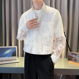 Nukty Summer Fashion White Mesh Shirt  Men Transparent Printing Casual Loose Long Sleeve Tops Streetwear Lapel Party Clubwear Tops