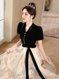 Nukty Black V-neck Evening Dress Elegant Puff Sleeve Bow Formal Banquet Dresses Elegant Print Princess Cake Dress Female Party Gown