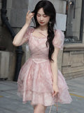 Nukty Kawaii Sweet Casual Mini Dress Women New Fashion Chic Floral Print Short Sleeves Chiffon Elegant Princess Party A-Line Vestidos
