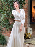 Nukty Vintage Women Solid Dress Suits Long Sleeve Blazer Short Coat Fashion New Stain Elegant Lady A-line Skirts Korean Female Clothes