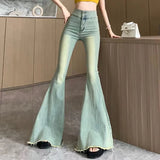 Nukty Y2K Vintage Raw Edge Flare Jeans Women Korean High Waist Slim Denim Pants Solid Hip Hop Streetwear All Match Wide Leg Trousers